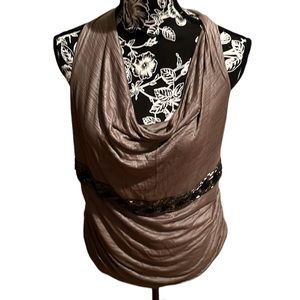 Pleone BY Anthropologie XL light Brown cowl neck top racerback sequin detail